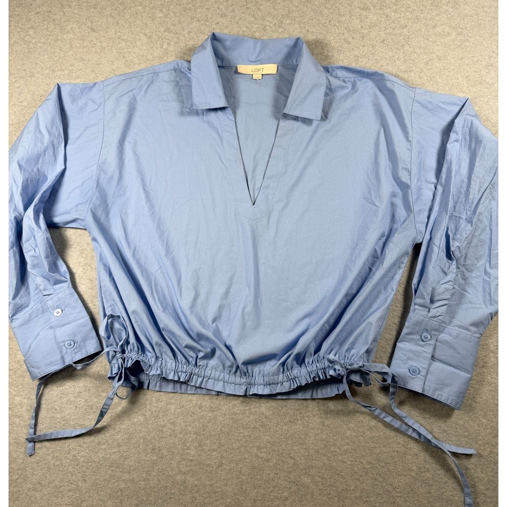 Loft Cotton Side Tie Collared V Neck Womens‎ Shirt Blue Coastal Size 14 SKU 205